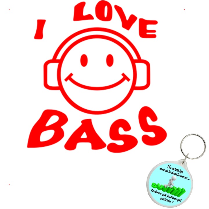 Set sticker decorativ auto i love bass, autocolant, 26 cm, Rosu si breloc drumul spre succes