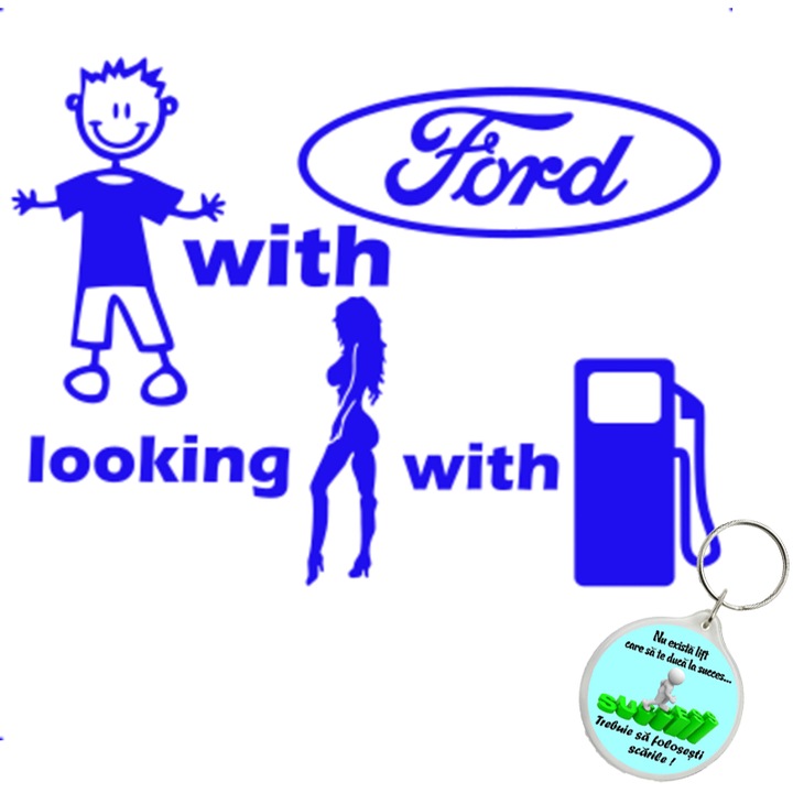 Set sticker decorativ auto baiat masina caut fata benzina ford, autocolant, 21cm, Portocaliu si breloc drumul spre succes