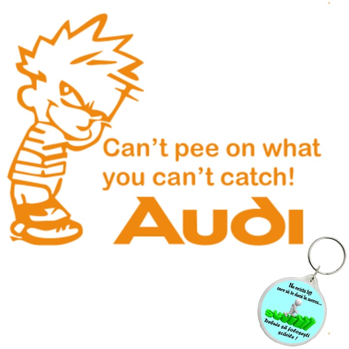 Set sticker decorativ auto cant pee catch audi, autocolant, 25 cm, Albastru si breloc succes