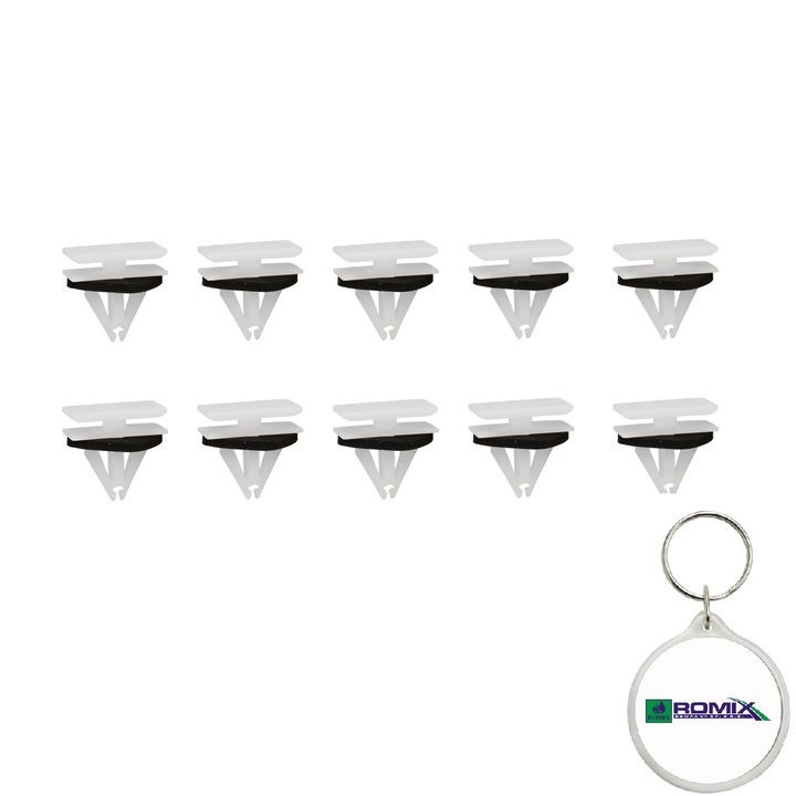 Set 10 bucati pin fixare tapiterie ROMC70587 pentru CHEVROLET CRUZE, FORD FIESTA VI, KUGA II, S-MAX, OPEL ASTRA K, CROSSLAND X, LAND, INSIGNIA B COUNTRY, MOKKA, MOKKA X 06.08- si breloc Romix