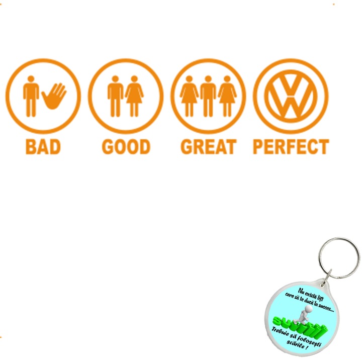 Set sticker decorativ auto bad good great vw, autocolant, 21cm, Albastru si breloc drumul spre succes
