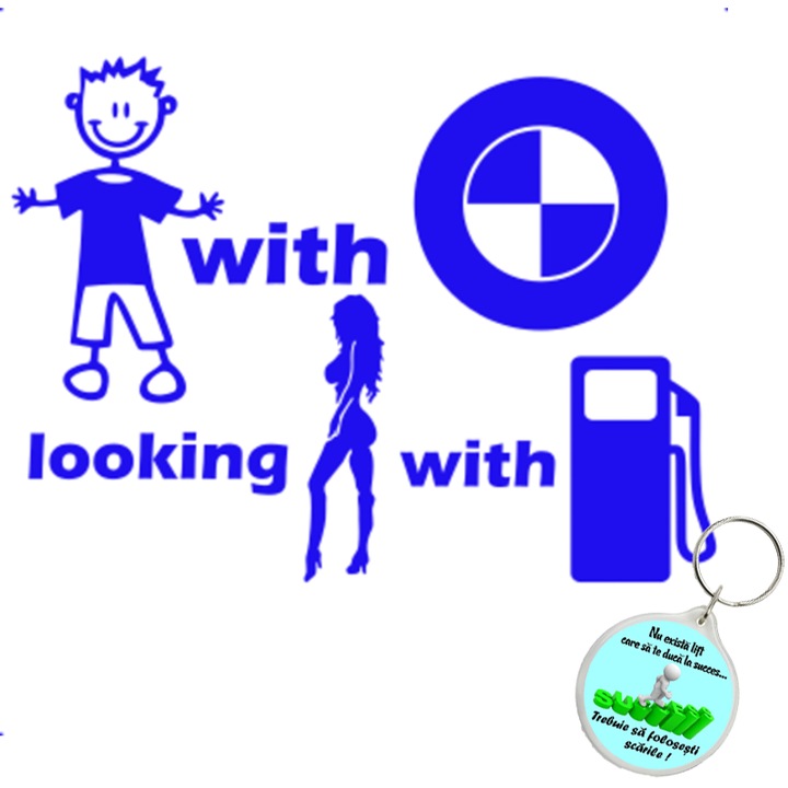 Set sticker decorativ auto baiat masina caut fata benzina bmw, autocolant, 26 cm, Portocaliu si breloc drumul spre succes