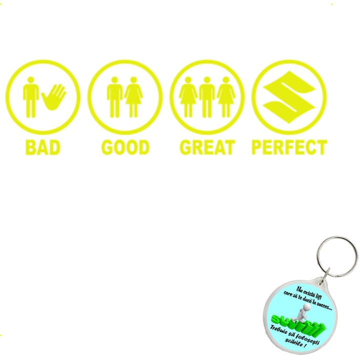 Set sticker decorativ auto bad good great suzuki, autocolant, 26 cm, Gri si breloc drumul spre succes