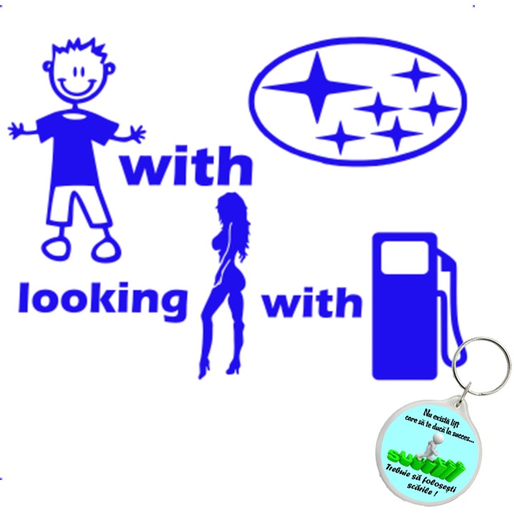 Set sticker decorativ auto baiat masina caut fata benzina subaru, autocolant, 21cm, Portocaliu si breloc drumul spre succes