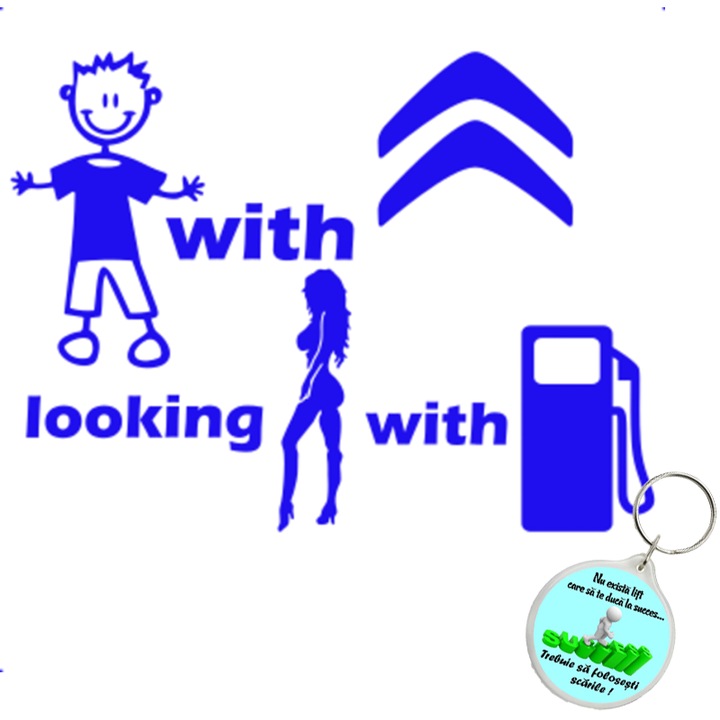 Set sticker decorativ auto baiat masina caut fata benzina citroen, autocolant, 21cm, Portocaliu si breloc drumul spre succes