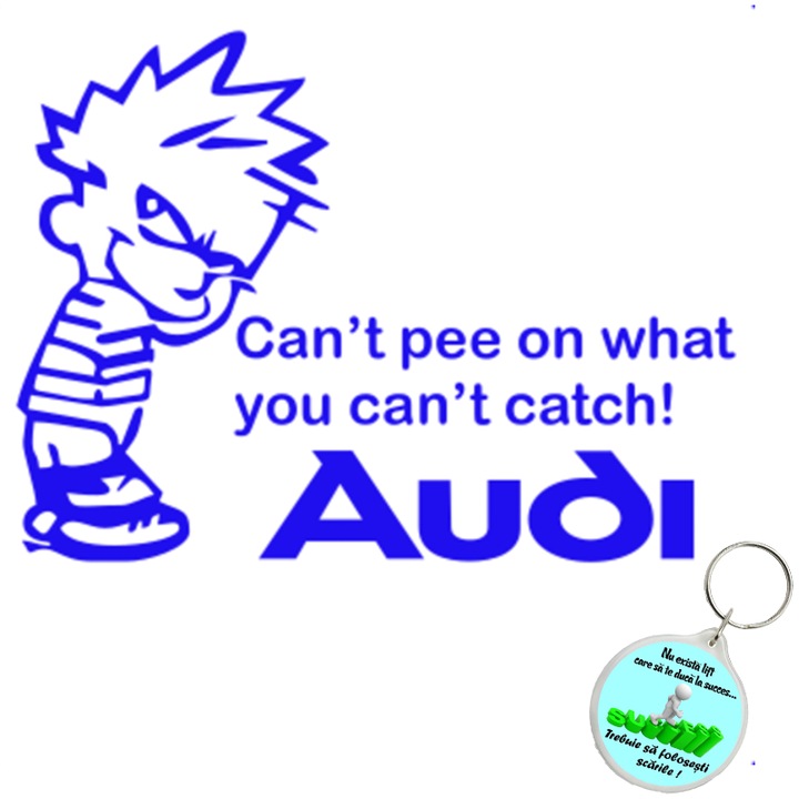 Set sticker decorativ auto cant pee catch audi, autocolant, 26 cm, Portocaliu si breloc drumul spre succes