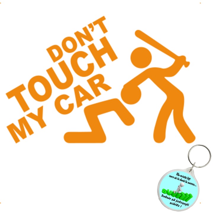 Set sticker decorativ auto dont touch car, autocolant, 21cm, Albastru si breloc drumul spre succes