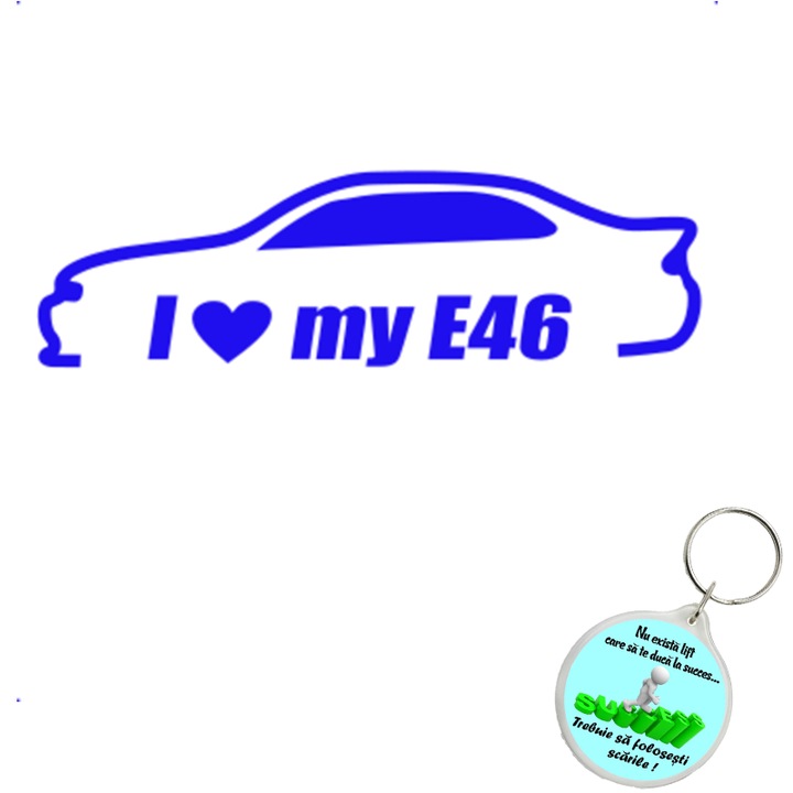 Set sticker decorativ auto i love my bmw e46, autocolant, 26 cm, Portocaliu si breloc drumul spre succes