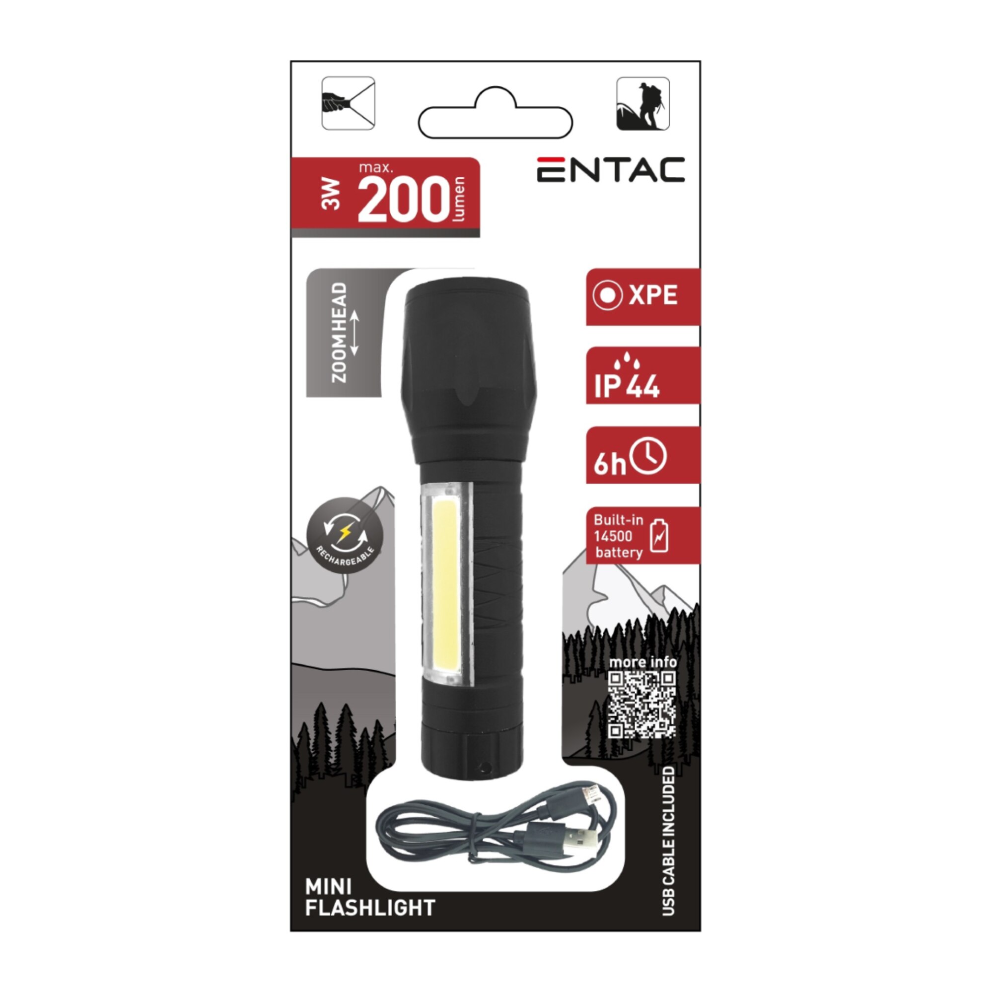 Lanterna LED reincarcabila Entac Mini, functie zoom, 3W, 200 lm, USB ...