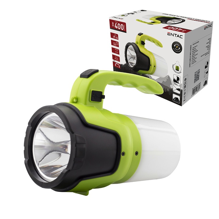 LED фенер Entac Camping, Акумулаторен, 5W, 400/250 lm, USB зареждане, Магнит, 18650/2000mAh батерия, IP44
