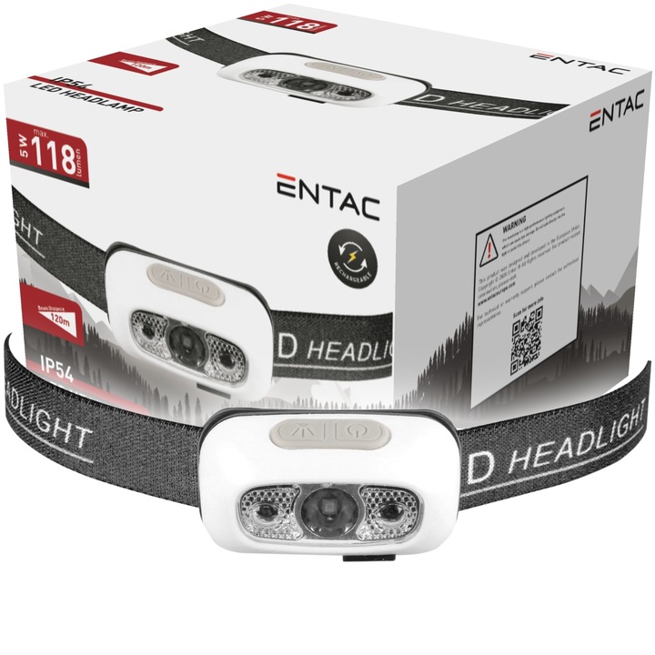 LED челник Entac EHL-3W-PW-R, Акумулаторен, Със сензор за движение, 5W, 118 lm, Батерия 700mAh, IP54, Бял