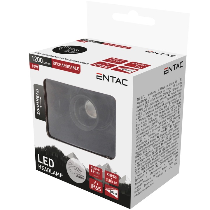 LED челник Entac EHL-ZH-10W-R, Акумулаторен, Zoom, Сензор за движение, 10W, 1200 lm, Бяла и червена светлина, IP65