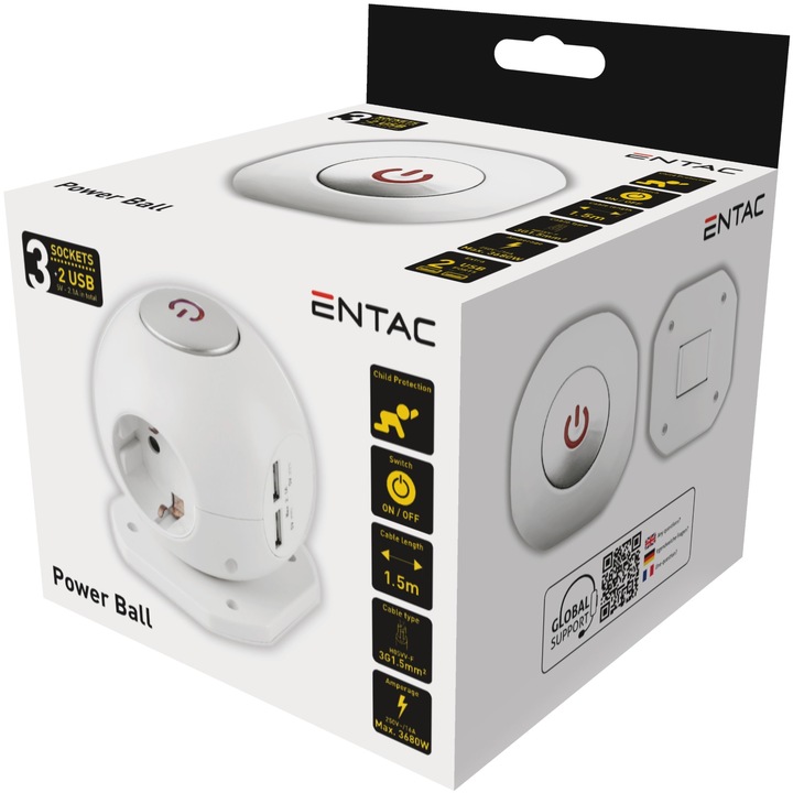 Разклонител Entac Power Ball, С ключ, Защита от деца, 3 гнезда, 2x USB 5W 2.1A, H05VV-F3G1.5mm, Кабел 1.5m, Бял