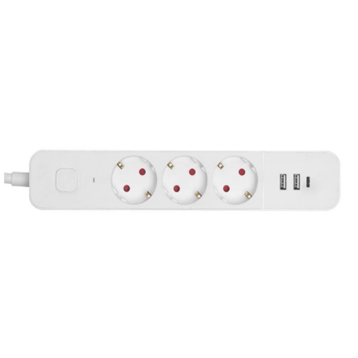 Разклонител Entac, С превключвател, 3 гнезда, 2x USB-A 2.4A, 1x USB-C 2.4A, IP20, H05VV-F3G1.5mm, Кабел 1.5m, Бял