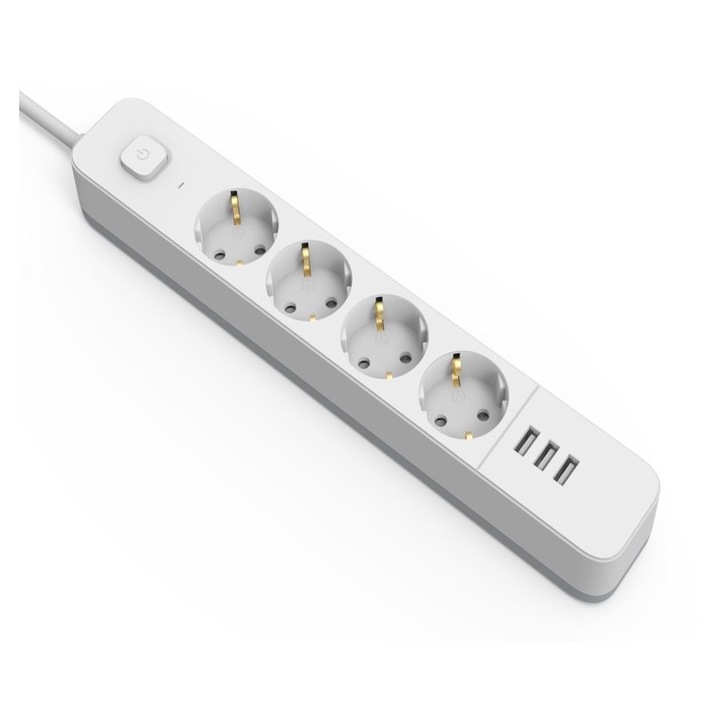 Разклонител Entac, С превключвател, 4 гнезда, 3x USB-A 2.4A, IP20, H05VV-F3G1.5mm, Кабел 1.5m, Бял