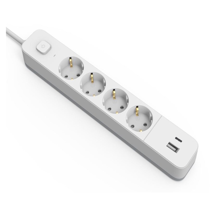 Разклонител Entac, С превключвател, 4 гнезда, 1x USB-A 2.4A, 1xUSB-C 2.4A, IP20, H05VV-F3G1.5 мм, Кабел 1.5 м, Бял