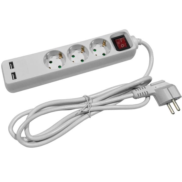 Разклонител Entac S1, С превключвател, 3 гнезда, 2x USB-A, IP20, H05VV-F3G1.5 мм, Кабел 3 м, Бял
