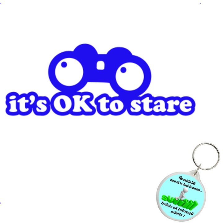 Set sticker decorativ auto it s ok to stare, autocolant, 26 cm, Portocaliu si breloc drumul spre succes