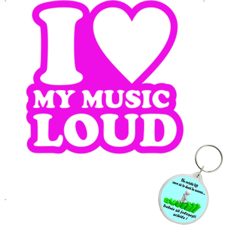Set sticker decorativ auto i love loud music, autocolant, 21cm, Verde si breloc drumul spre succes