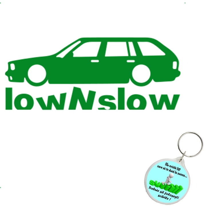 Set sticker decorativ auto low n slow bmw, autocolant, 26 cm, Roz si breloc drumul spre succes