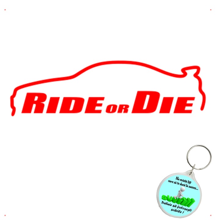 Set sticker decorativ auto ride or die v2, autocolant, 21cm, Rosu si breloc drumul spre succes