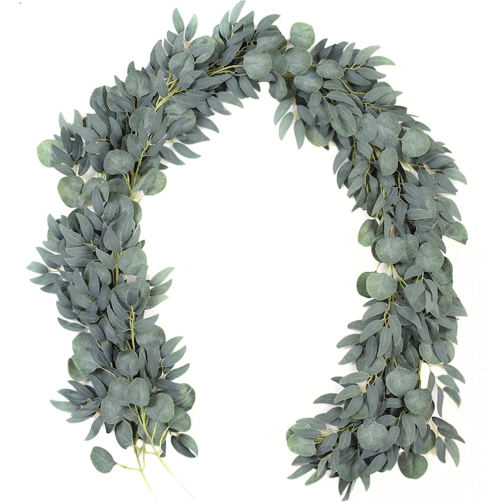 Set 2 Ghirlande artificiale, Frunze Eucalipt si Salcie, Stil vintage, 2 m, Verde