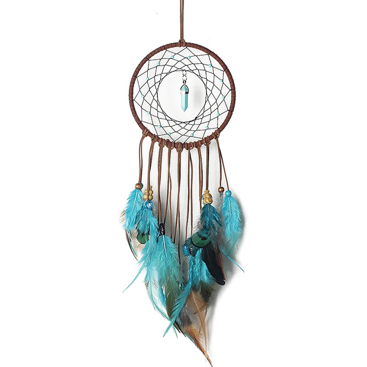 Kézzel készített fali dekoráció, fém karika, természetes tollak, türkiz kő, 13x50cm