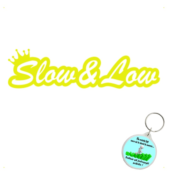 Set sticker decorativ auto slow and low, autocolant, 26 cm, Gri si breloc drumul spre succes