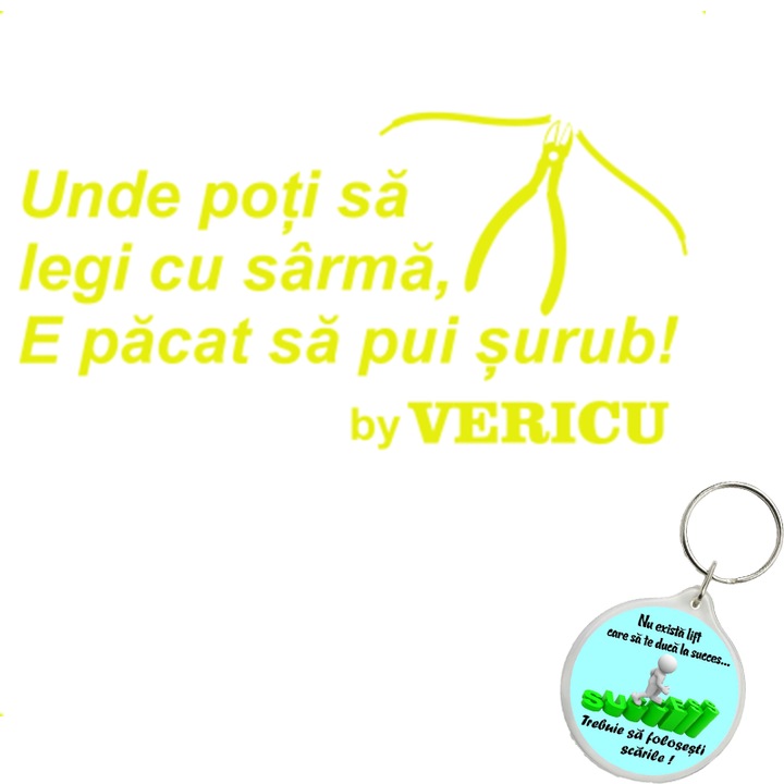 Set sticker decorativ auto unde poti sa legi cu sarma e pacat surub, autocolant, 26 cm, Gri si breloc drumul spre succes