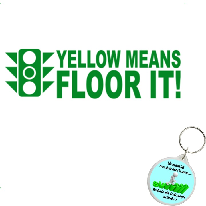 Set sticker decorativ auto yellow means floor it, autocolant, 21cm, Roz si breloc drumul spre succes
