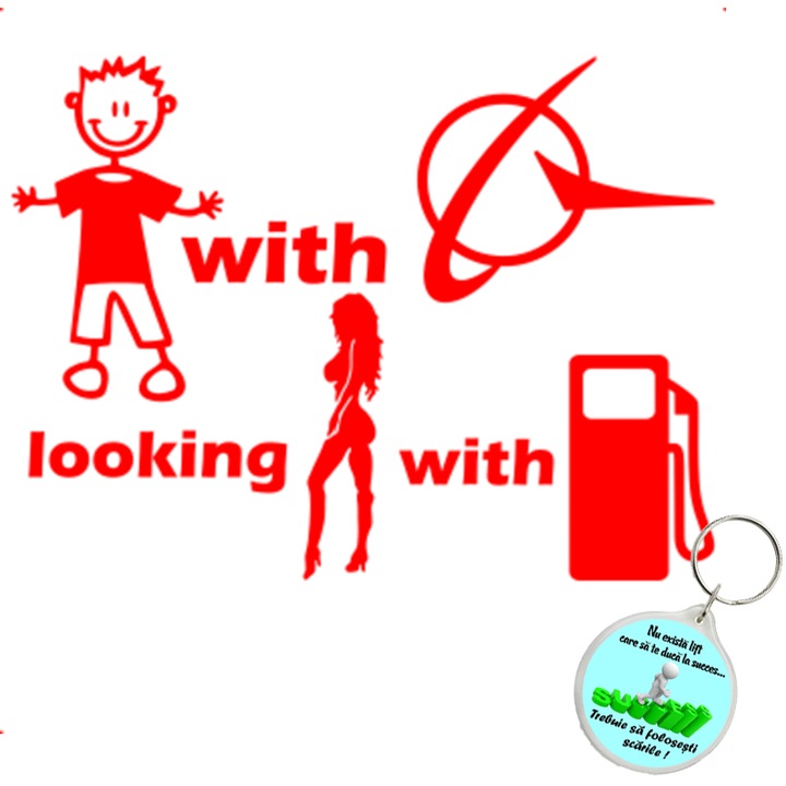 Set sticker decorativ auto baiat masina caut fata benzina beoing, autocolant, 26 cm, Rosu si breloc drumul spre succes
