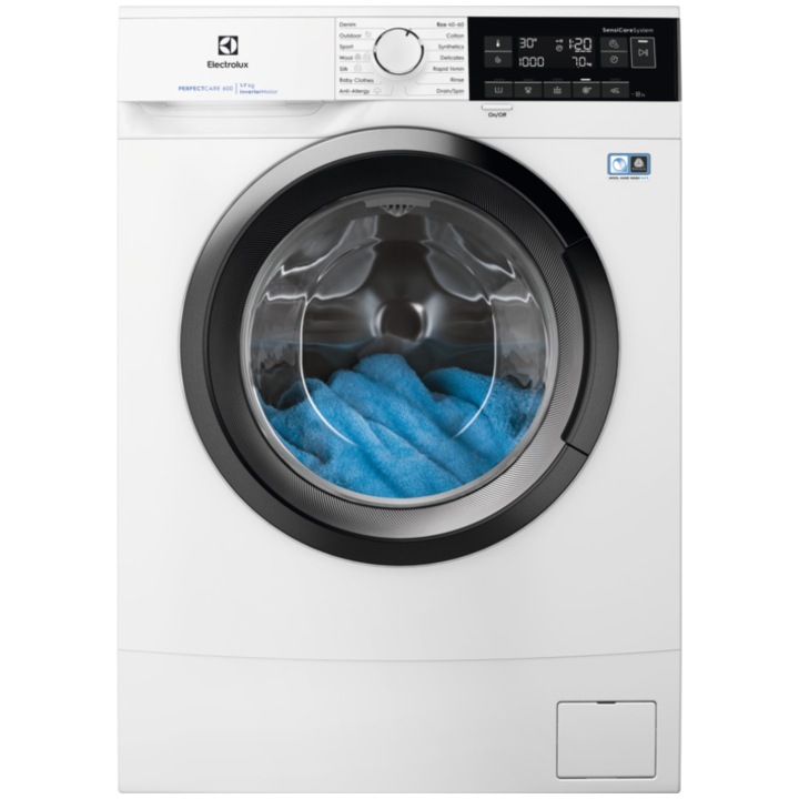 Пералня Slim Electrolux EW6SM307S, 7 кг, 1000 об/мин, Клас B, PerfectCare600, Инверторен мотор с постоянен магнит, LED дисплей, SensiCare, TimeManager, Бял