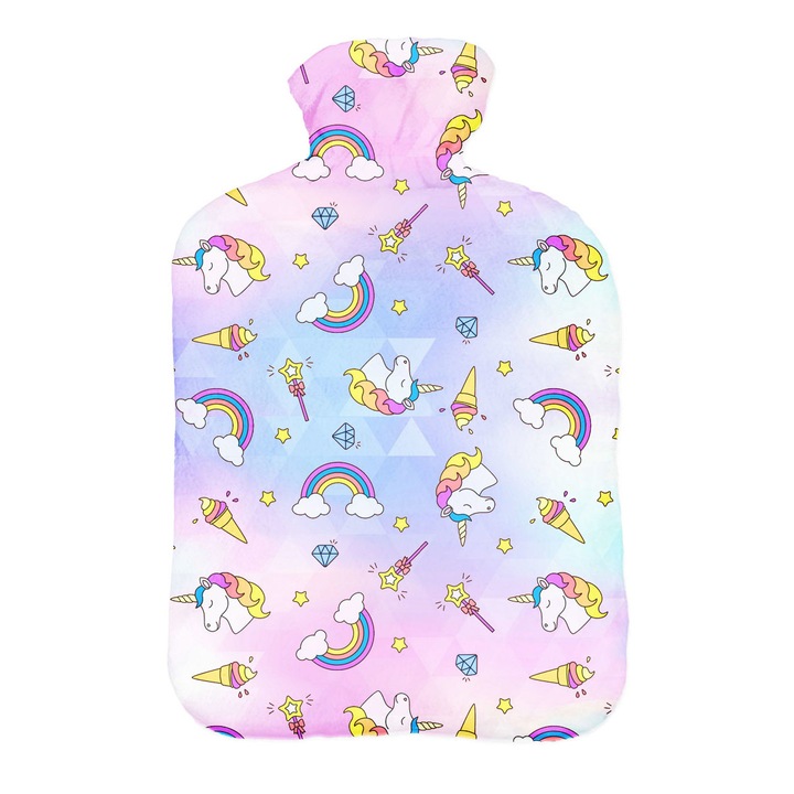 Termofor cu husa, Perna termica, cu apa calda, Ferocity, 2l, Unicornii