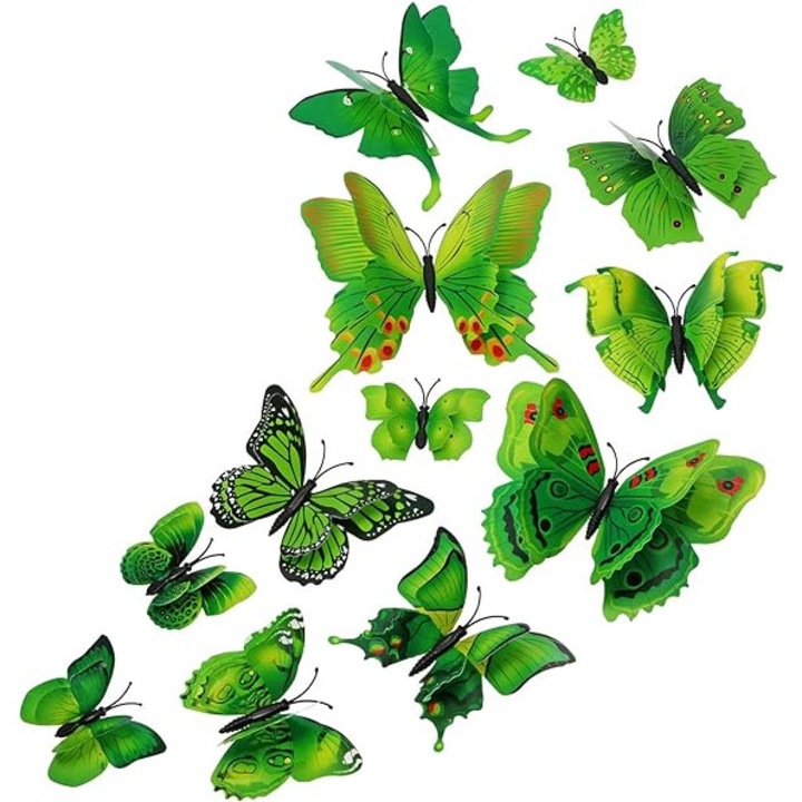 Set stickere decorative, Fluturi, 3D, 12 Bucati, Verde