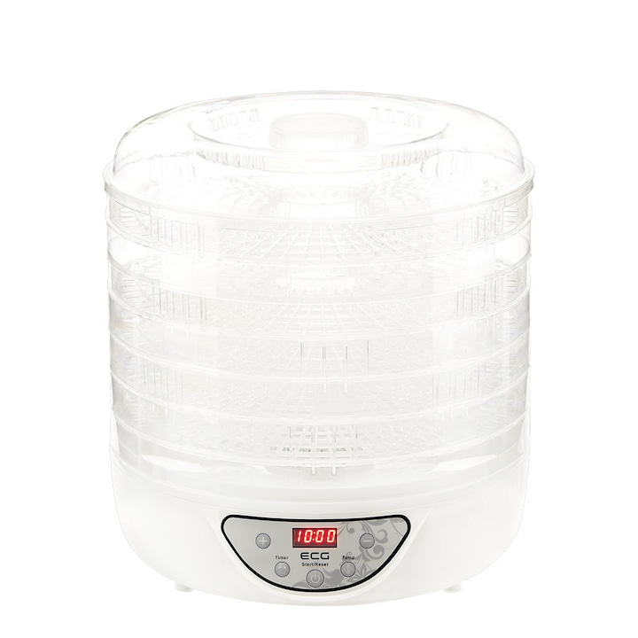 Deshidrator-uscator de alimente ECG SO 570, putere 240 W, Display digital cu led, 5 tavi, 5 trepte de temperatura, alb