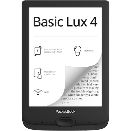 eBook четец PocketBook Basic Lux 4 PB618, Сензорен екран 6.0" E Ink Carta™ HD, 212dpi, 8GB+microSD слот, Предно осветление, WiFi, Черен