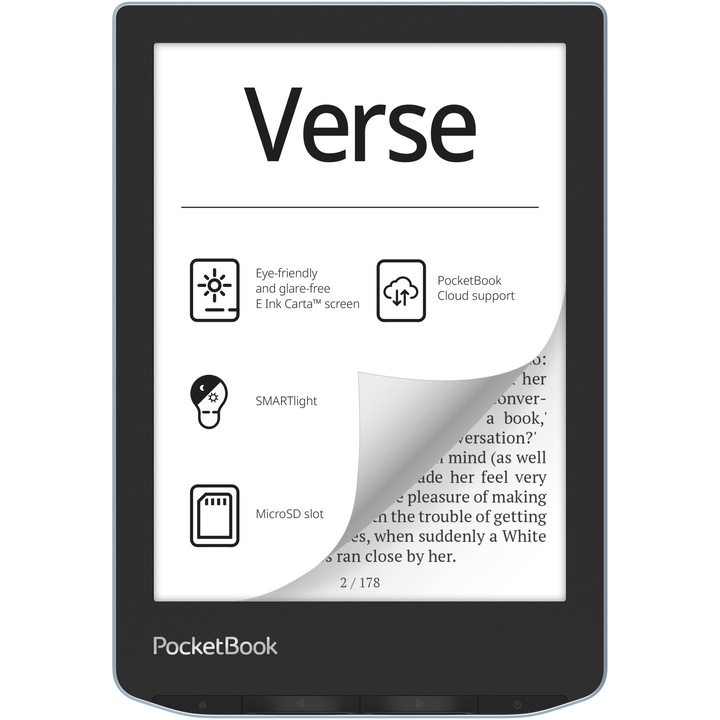 eBook четец PocketBook Verse PB629, Сензорен екран 6.0" E Ink Carta™ 1200, 212dpi, 8GB, SMARTlight, G-sensor, WiFi, Bright Blue