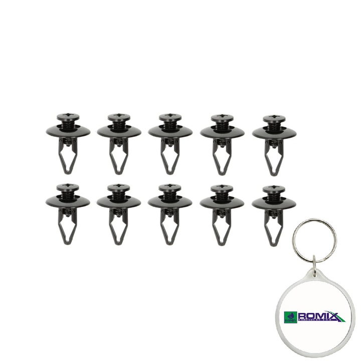 Set 10 buc. pin fixare tapiterie B16858 pentru MAZDA 3,5,6,626 IV, 626 V, CX-7, DEMIO, MPV II, MX-5 I, MX-5 II, MX-6, PREMACY, RX-7 III, XEDOS 6, XEDOS 9 08.91-05.19 si breloc Romix
