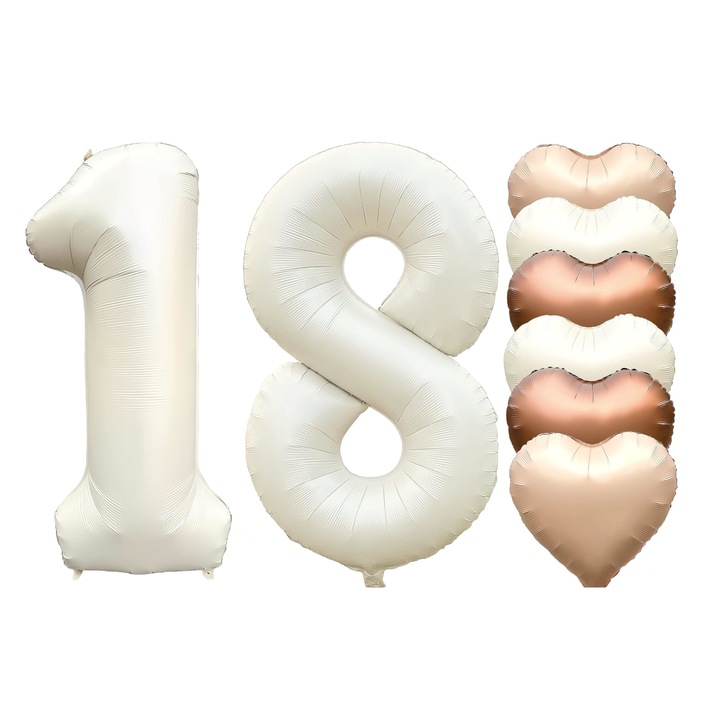 Set Baloane Majorat, Cifre 18 folie 100cm, ivory nude satinat si 6 inimi folie mix culori ivory, caramel, cappucino satinat 45cm