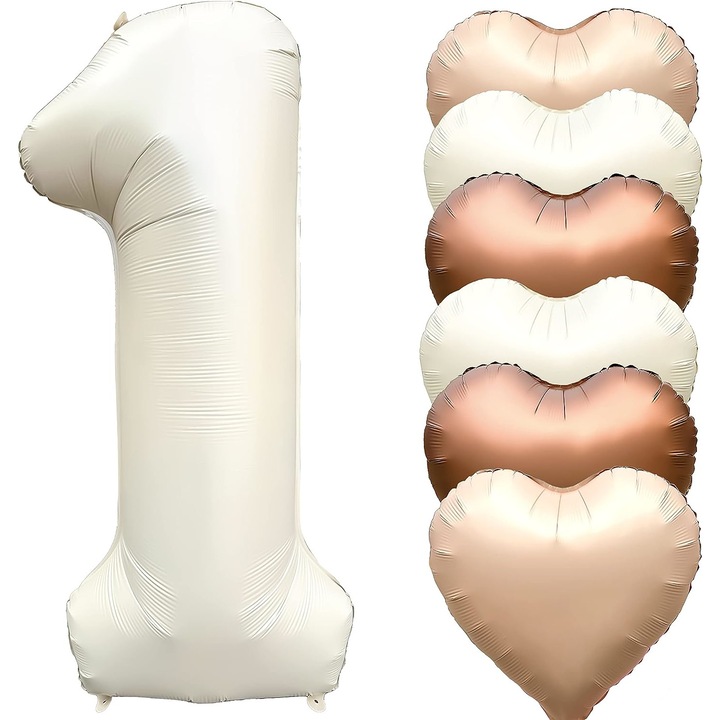 Set Baloane Prima Aniversare, Cifra 1 folie 100cm, ivory nude satinat si 6 inimi folie mix culori ivory, caramel, cappucino satinat 45cm