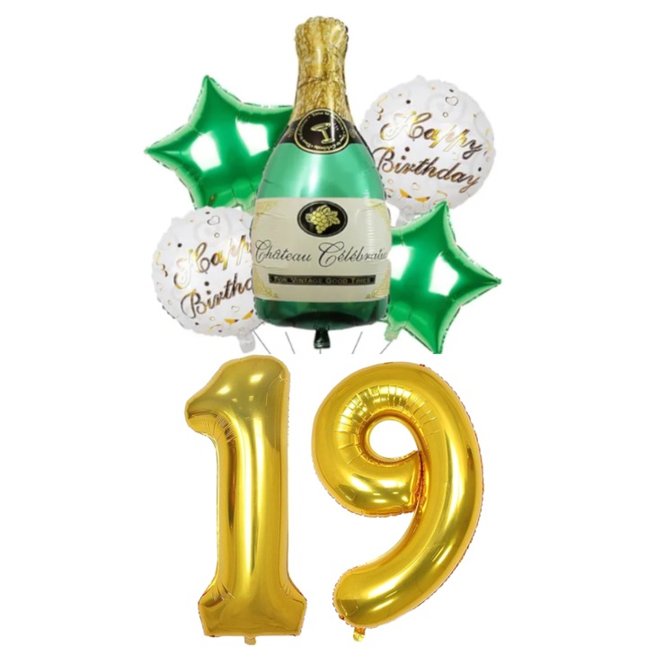 Set 7 baloane folie aniversare 19 ani, figurina sticla de sampanie 90cm, stelute si baloane cifre folie aurii