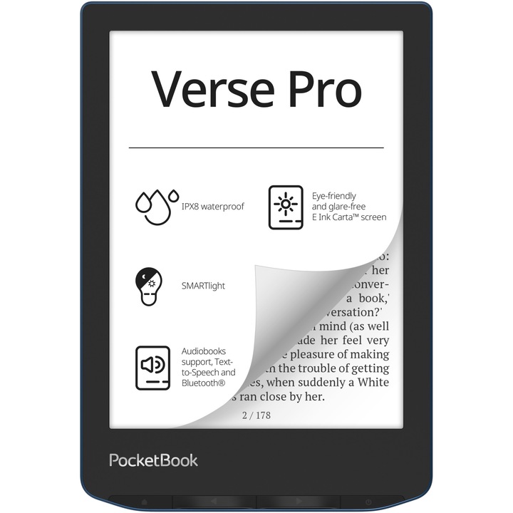 eBook четец PocketBook Verse Pro PB634, Сензорен екран 6.0" E Ink Carta™ 1200, 300dpi, 16GB, SMARTlight, G-sensor, WiFi&Bluetooth, Azure