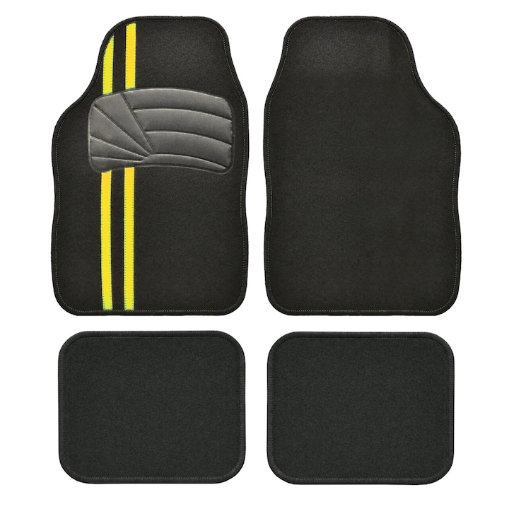 Универсален комплект стелки за кола Custo Tiger, килим, черен с жълта вложка, 4 броя
