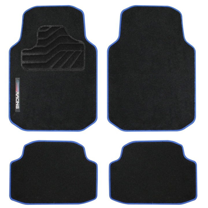 Custo Pol Racing Универсален комплект постелки за кола, Килим, черен със синя рамка, 4 бр
