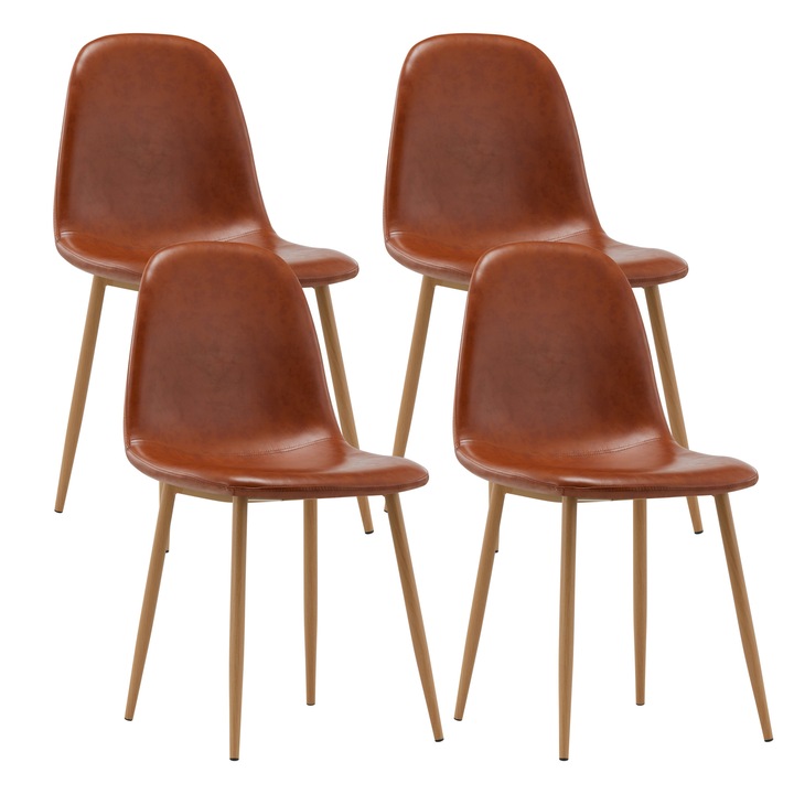 Set 4 scaune bucatarie living, horeca, cadru si picioare metal cu finisaj lemn, tapiterie piele PU stilul vintage, max 120 KG, 54 X 45 X 86 cm, Sima maro