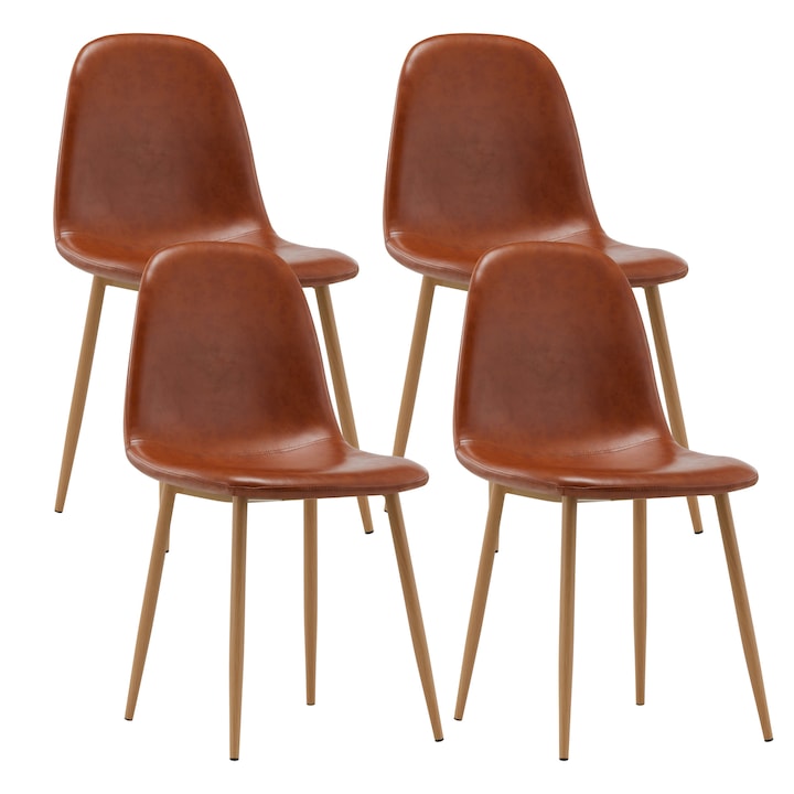 Set 4 scaune bucatarie living, horeca, cadru si picioare metal cu finisaj lemn, tapiterie piele PU stilul vintage, max 120 KG, 54 X 45 X 86 cm, Sima maro