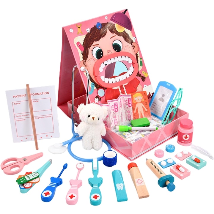 Trusa Medicala din lemn Dentistry, WALALLA, Include Diverse Accesorii Dentare, Termometru, Stetoscop, Mulaj dentar, Joc Creativ si Interactiv, cu 23 accesorii, Rosu