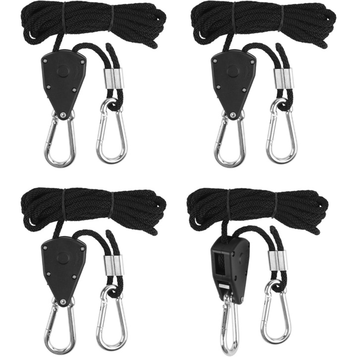 Комплект от 4 въжета с тресчотка и куки, Cafuneplus®, за окачени предмети, пластмаса/найлон/метал, максимално натоварване 68 kg/150 lbs, дължина на въжето 2 m, регулируемо, черно/сребристо