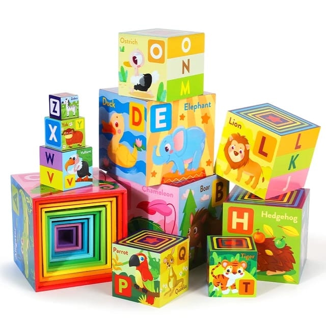 Turn Montessori din lemn 10 cuburi Alfabet si Animale, multicolor ...