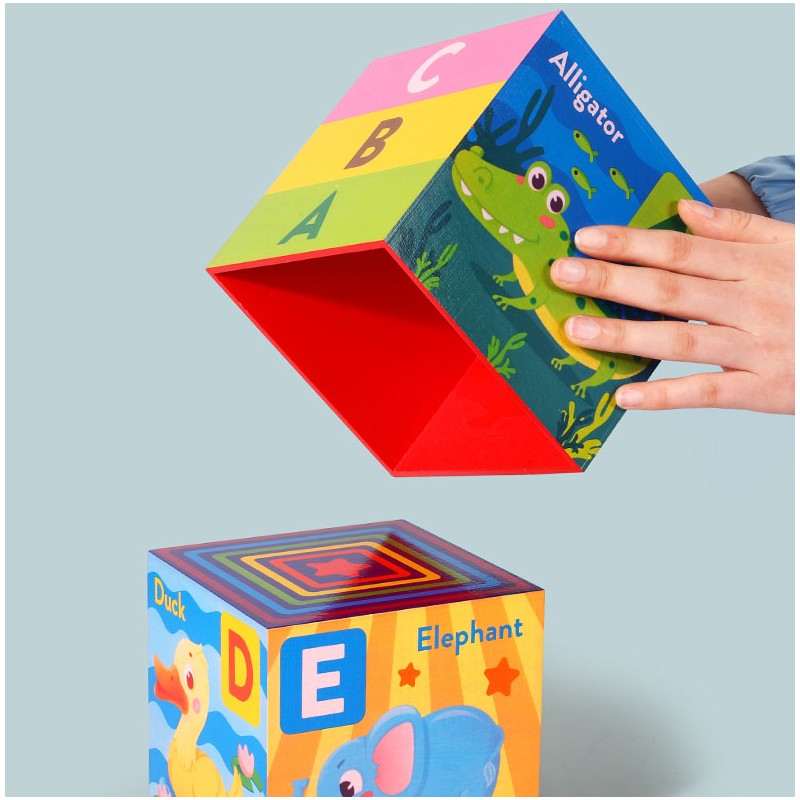 Turn Montessori din lemn 10 cuburi Alfabet si Animale, multicolor ...